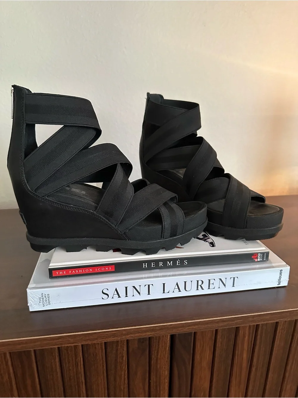 Sorel Joanie II Black Strappy Wedge Sandals